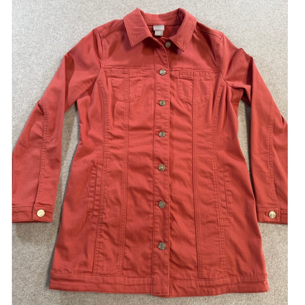 Chico's Denim Jacket Women 0 S Terracotta Excellent Longline Button Front Coat‎